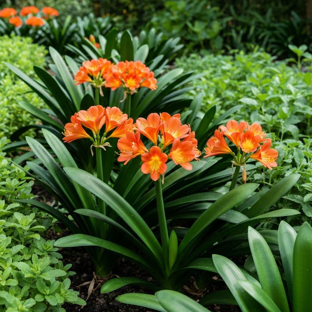 Orange Clivia miniata in flower at the nursery